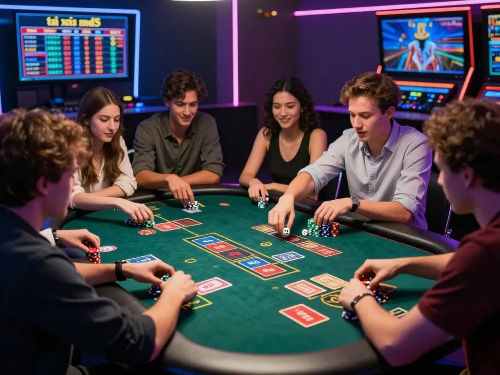 Exciting scene of friends playing tài xỉu md5 at a gaming table, highlighting digital screens and vibrant casino atmosphere.