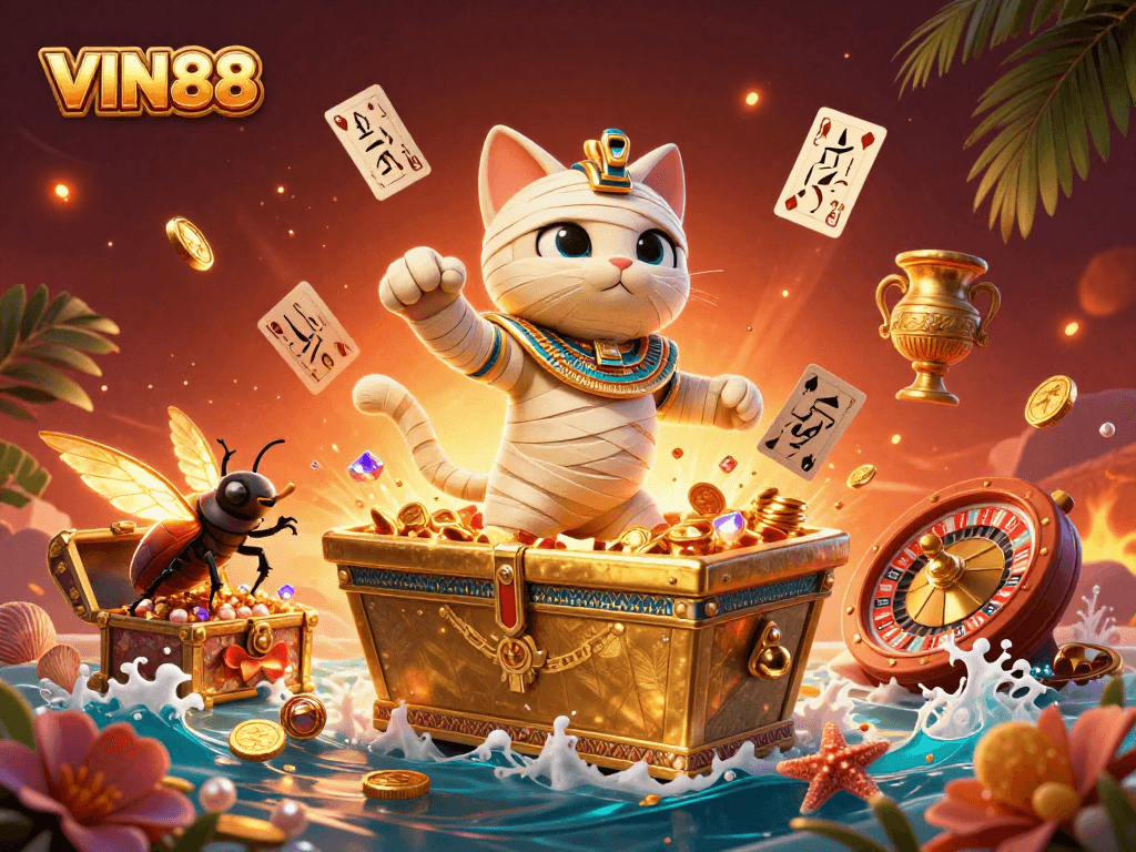 Experience thrilling gameplay with VIN88 in this captivating 3D illustration featuring slot reels and poker cards.