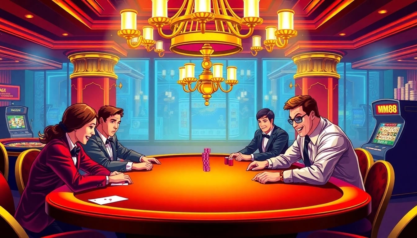 Experience the excitement of MM88 at a vibrant poker table in a luxurious casino setting.