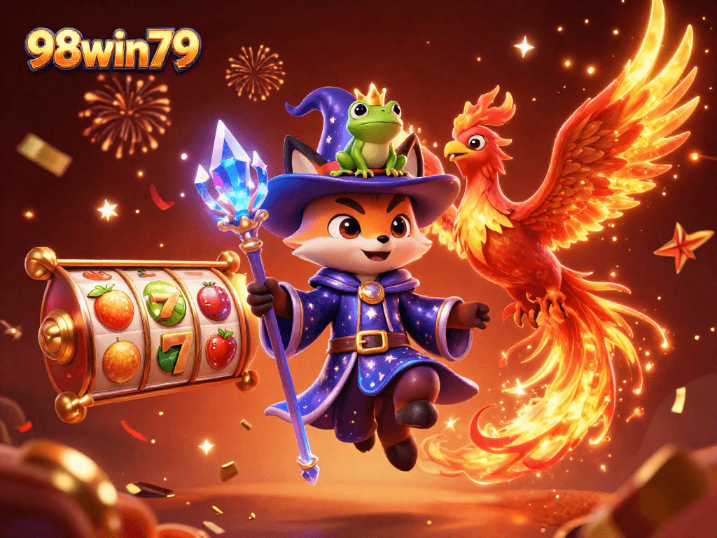Experience excitement with 98win79's vibrant slot games featuring spinning reels and magical elements.