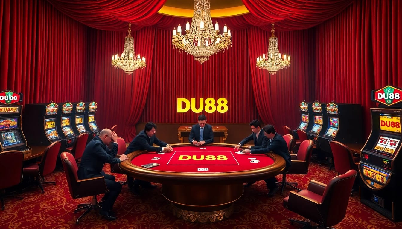 Players enjoy high-stakes poker at the luxurious DU88 casino table, surrounded by slot machines and glamour.