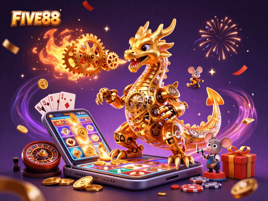 Experience thrilling gameplay at FIVE88 with a golden dragon, vibrant slot games, and festive casino elements.