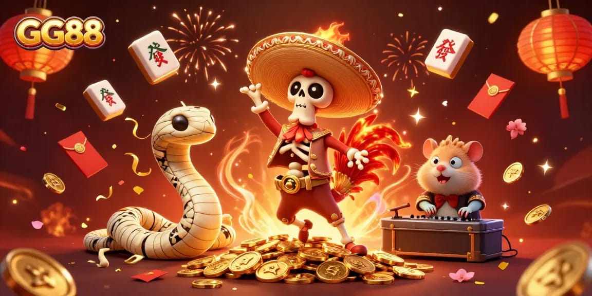 Experience the thrill of GG88 with a vibrant 3D illustration featuring a victorious mariachi rooster and festive casino elements.