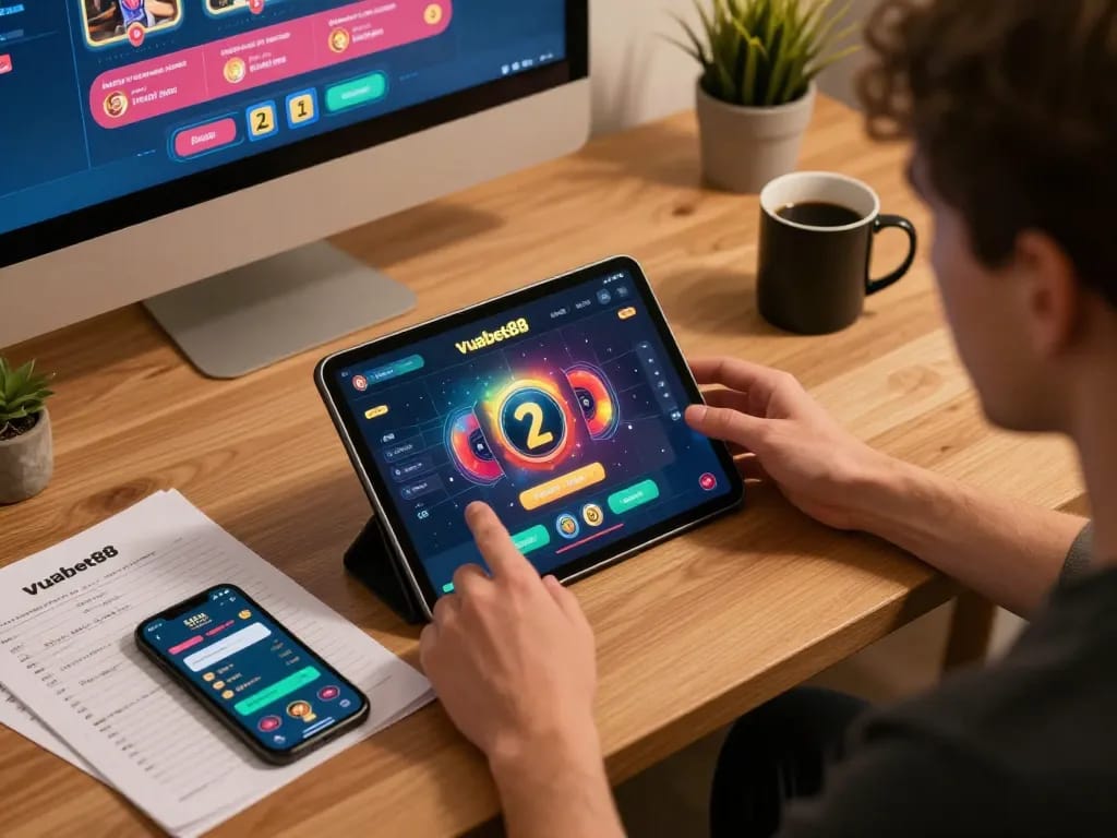 Player enjoying the Vuabet88 casino app on a tablet, capturing the excitement of online gambling