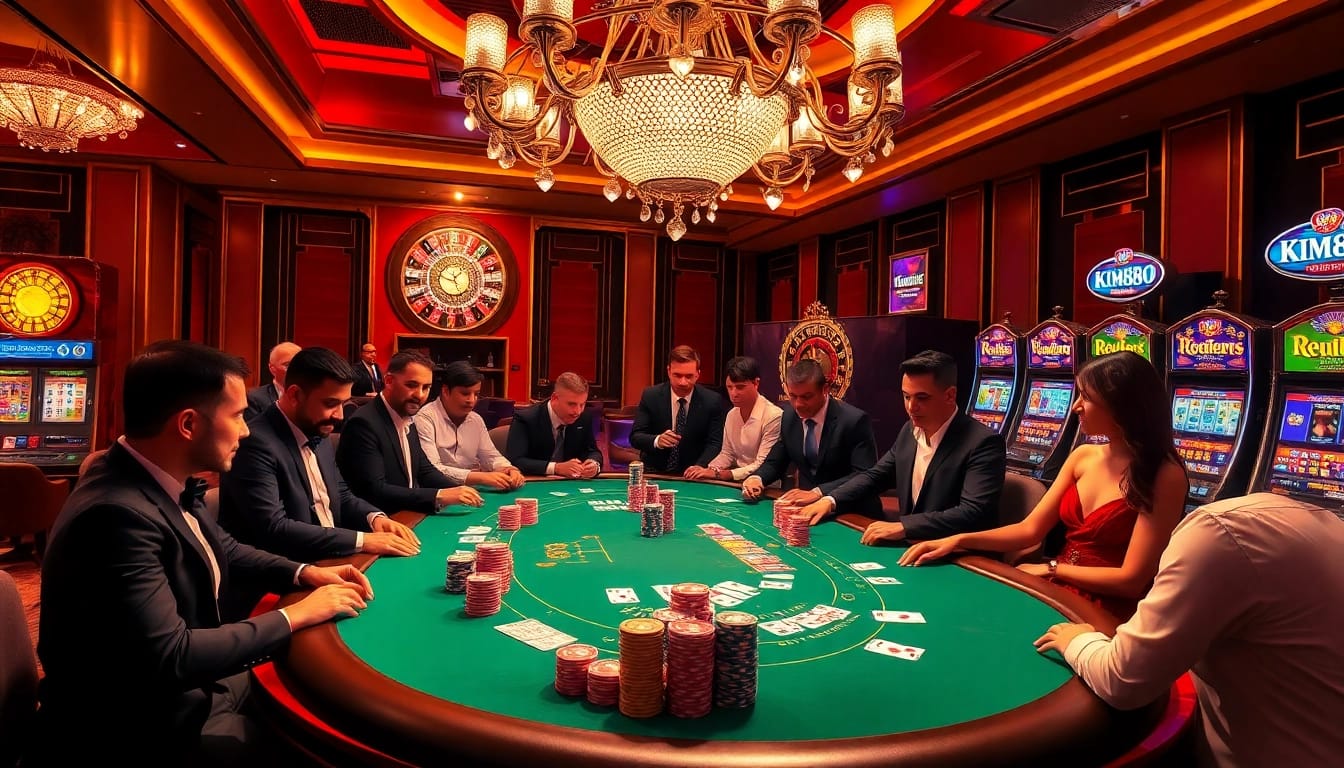 Exciting poker action at km88 casino with vibrant chips and cards on a luxurious table.