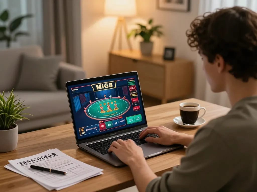 Engaging in MIG8 com online casino strategy while enjoying a cozy home setting.