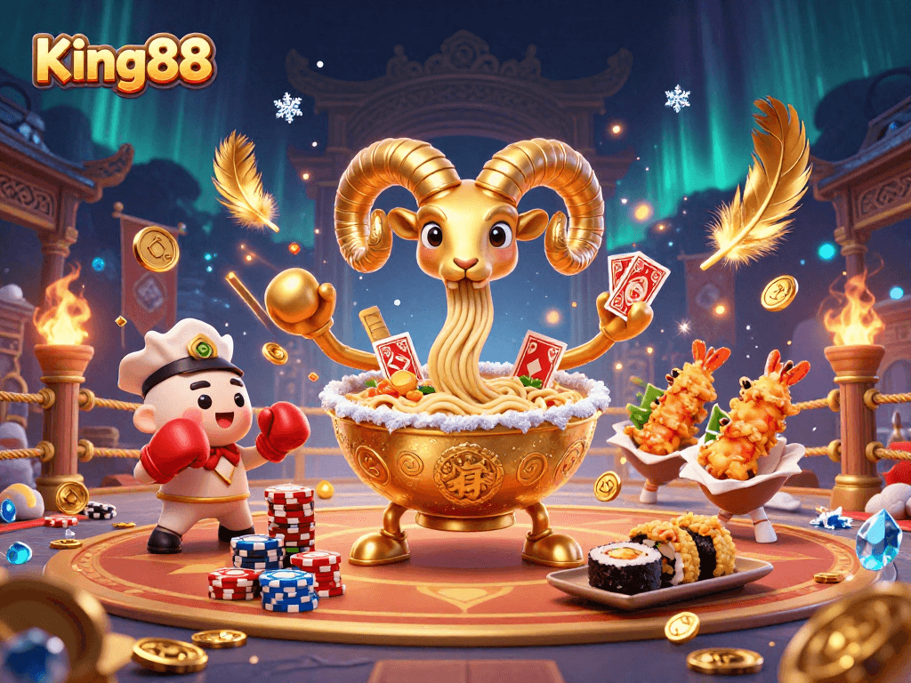 Engage in thrilling games at King88 with an animated scene depicting vibrant casino elements.