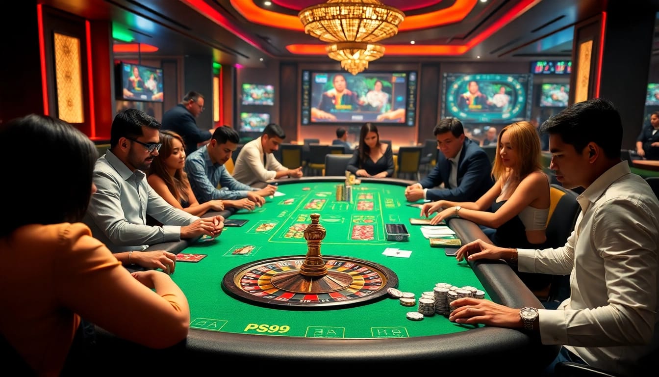 Engaged players at a luxurious PS99 poker table featuring colorful chips and cards.
