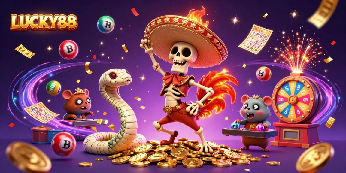 Experience winning excitement with LUCKY88's vibrant 3D casino illustration showcasing festive gaming elements.