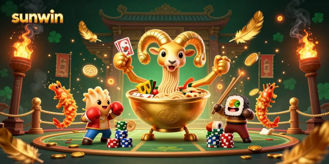 Join the excitement at sunwin with a golden ramen bowl character and thrilling casino scene.