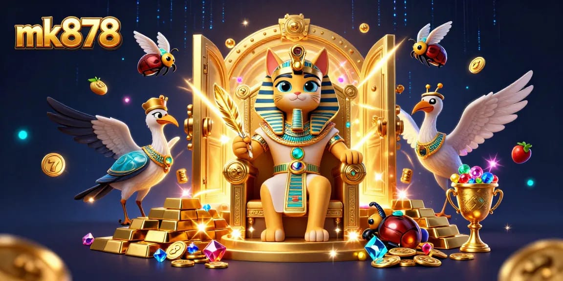 Experience the excitement of mk878 with a royal scene featuring a pharaoh cat and treasure in an entertaining online casino