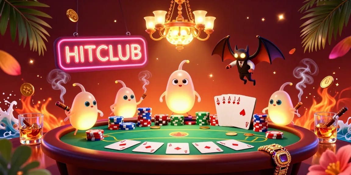 Engage in excitement at HITCLUB with vibrant glowworms illuminating the casino scene, showcasing poker action elements.