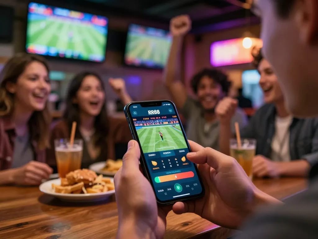 Betting excitement with RR88 App on smartphone in a lively sports bar atmosphere