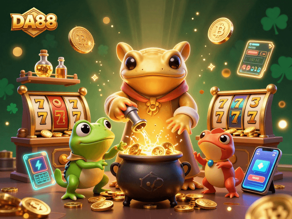 Engage with DA88's vibrant 3D scene showcasing a golden salamander alchemist and exciting casino elements.