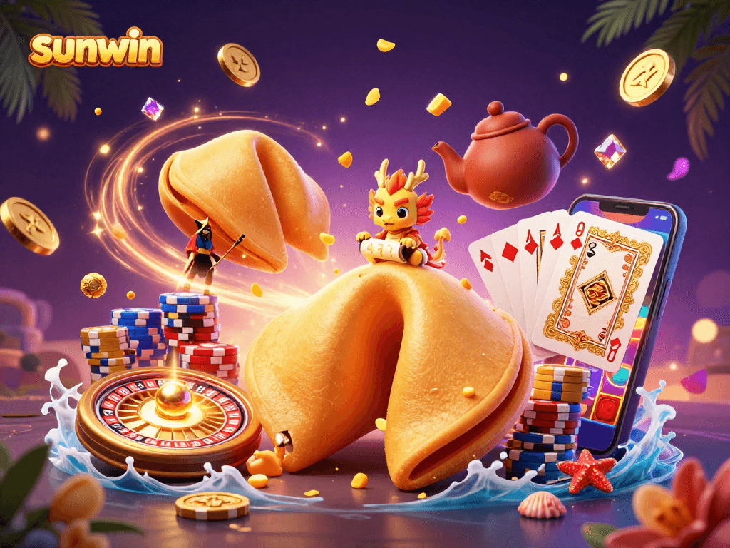 Join the fun at sunwin with a lively casino scene featuring golden coins, poker chips, and a lucky dragon.