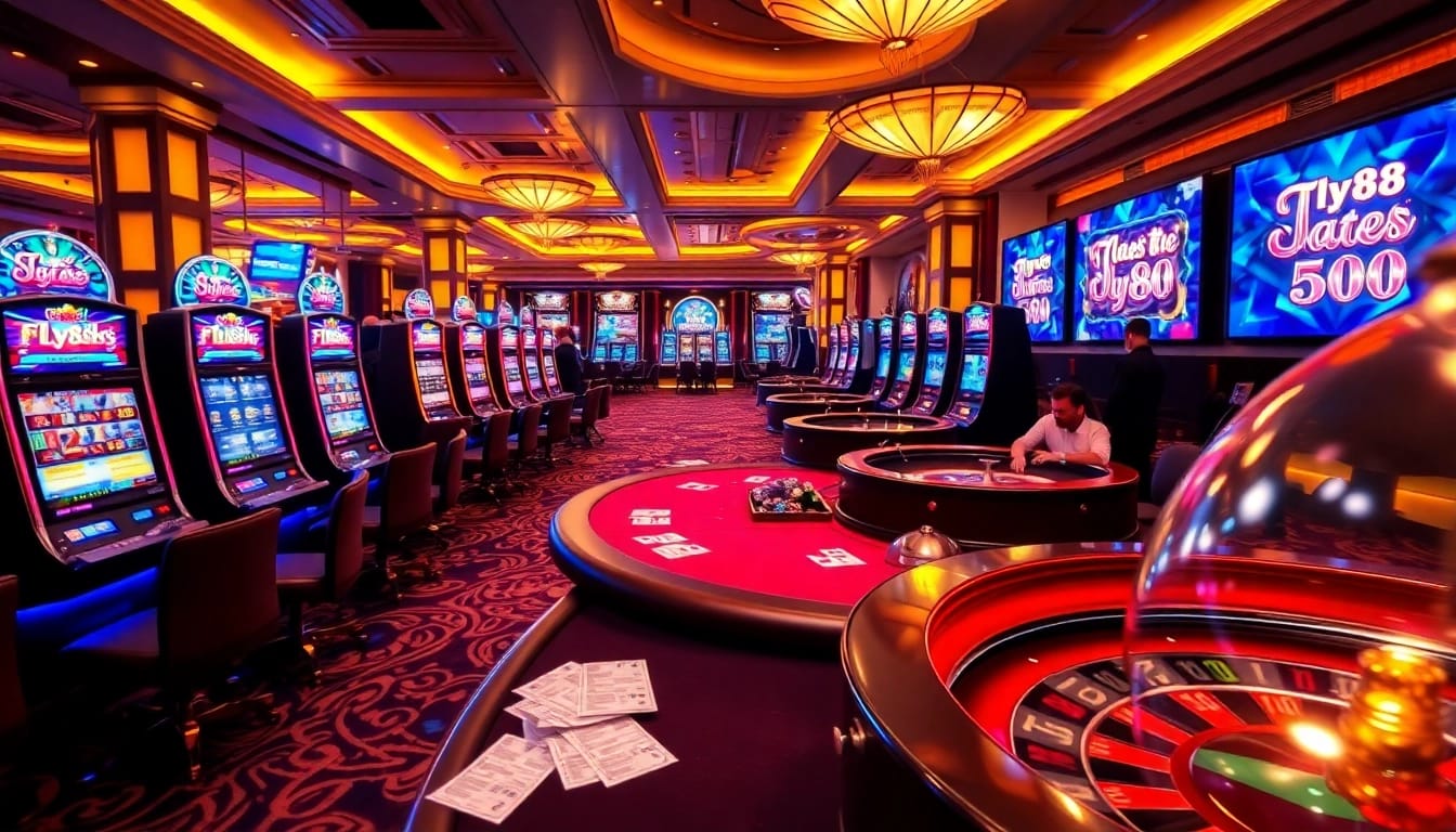 Excited gamblers playing Fly88 slot machines in a luxurious casino setting