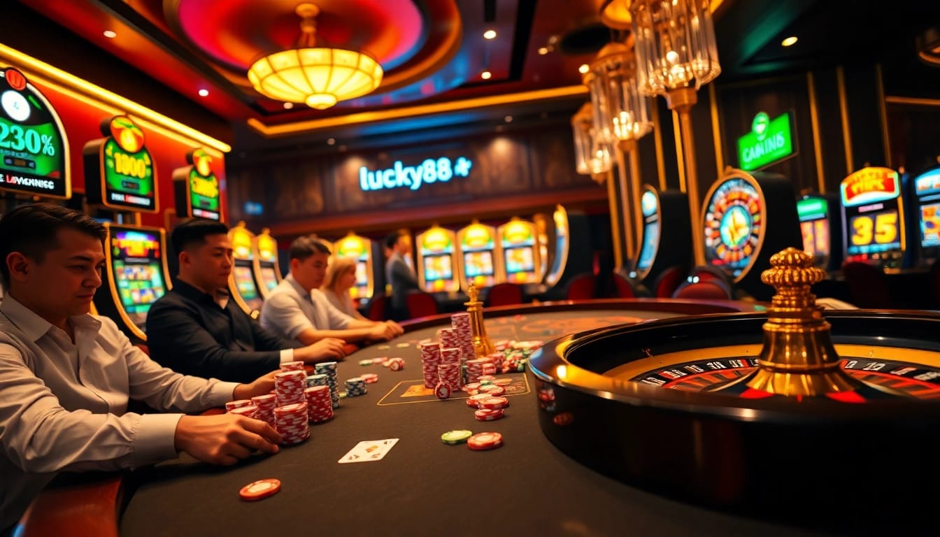 Players engaged in thrilling poker action at Lucky88 casino, surrounded by vibrant slot machines and roulette.