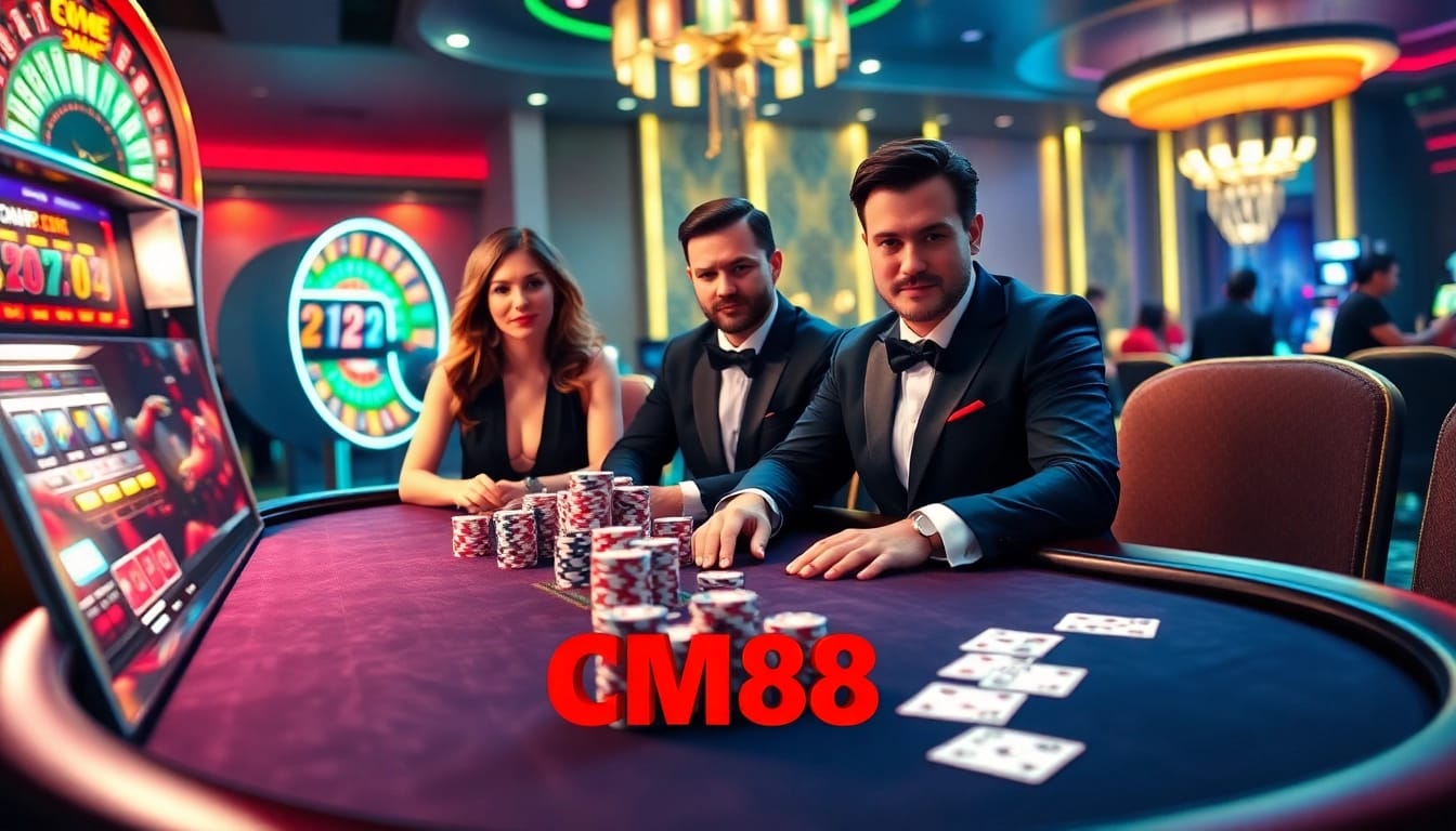 CM88 players enjoying a high-stakes poker game with luxurious casino elements.