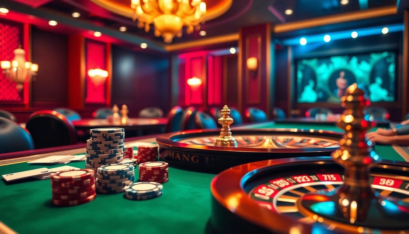 S8 themed casino experience showcasing vibrant gambling atmosphere with poker chips and roulette wheel.