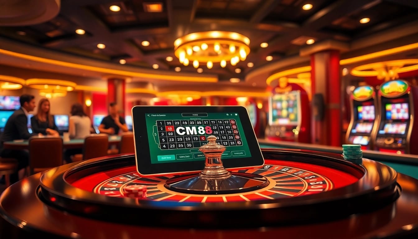 CM88 betting interface displayed at a vibrant roulette table in a luxurious casino setting.