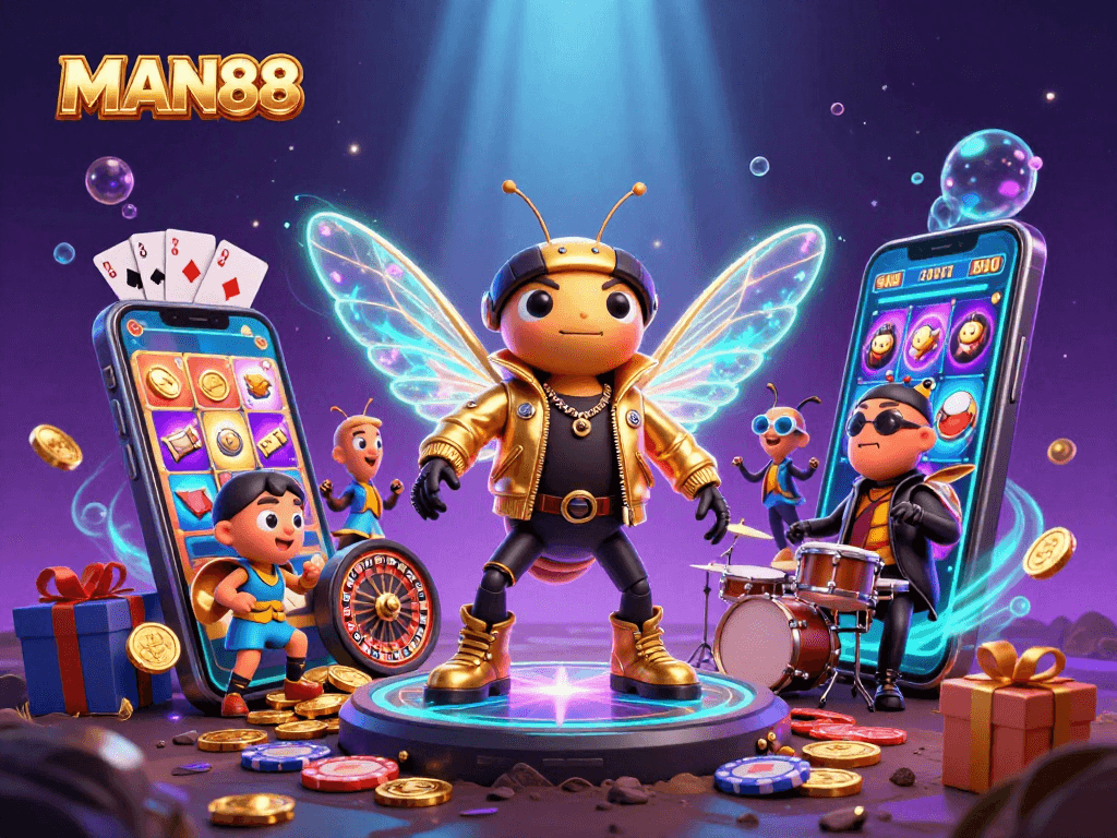 Experience the thrill of MAN88 as a rock star cicada ignites the casino scene, surrounded by dynamic gaming elements.