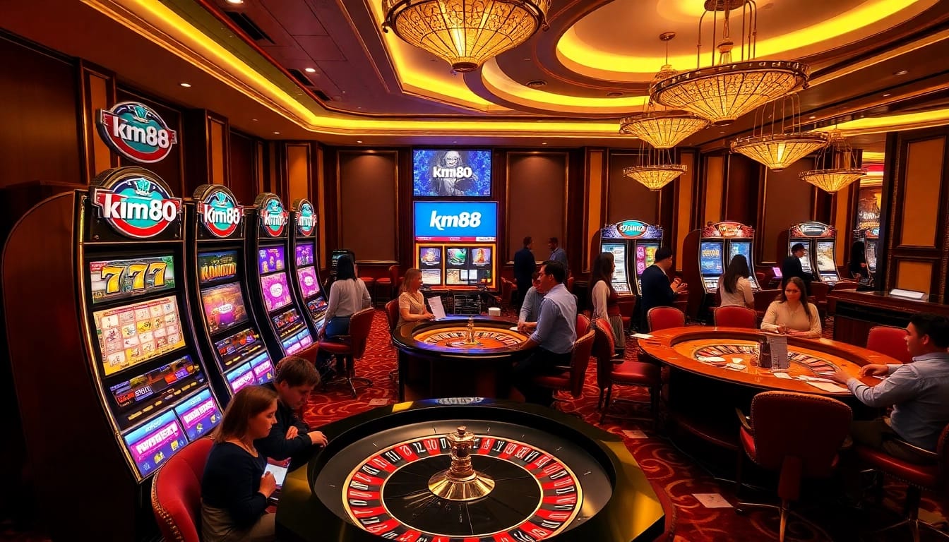 Experience the excitement of KM88 as players engage in thrilling casino games and slot machines.