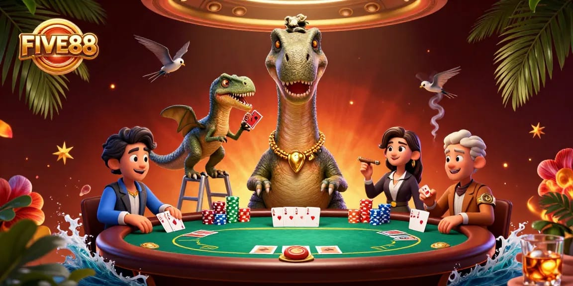 Engage with FIVE88's thrilling casino experience featuring a brontosaurus and poker action.