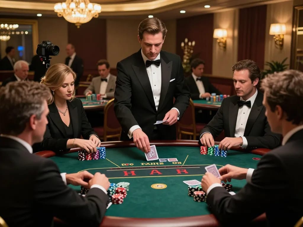 Engaged blackjack players strategizing at dabet31 casino table, vibrant chips stacked intently.