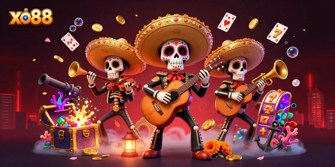 Engage with thrilling slot games at xo88 featuring exciting scenes of mariachi skeletons amidst treasure.