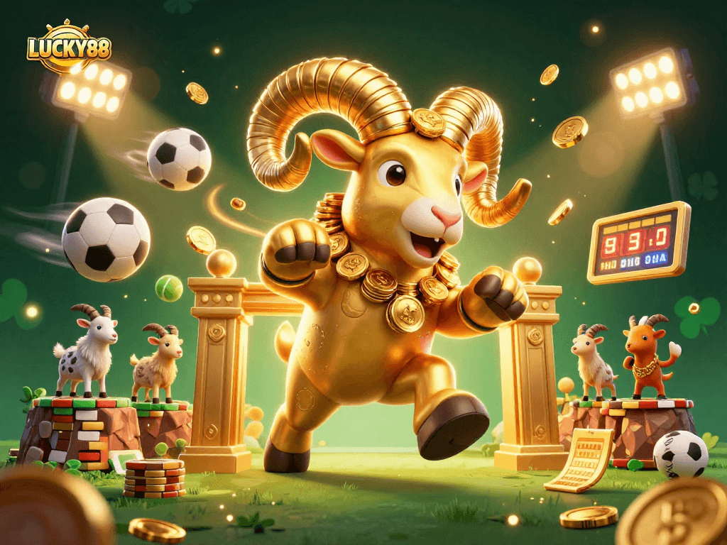Capitalize on LUCKY88's thrilling gaming experience with golden ram charging through casino elements