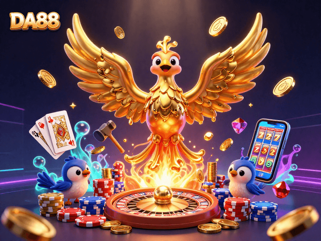 Engage with DA88's vibrant online casino experience featuring golden phoenix and dynamic gaming elements.