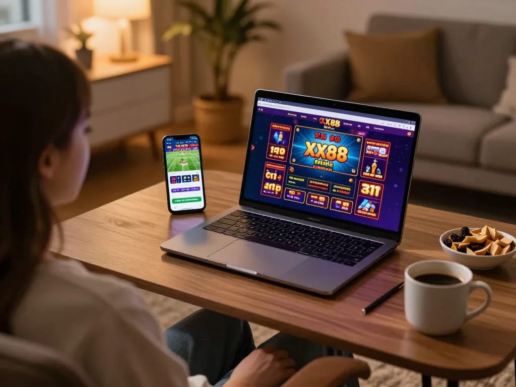 Player engaging with the XX88 online casino interface on a laptop, enjoying a cozy gaming experience.