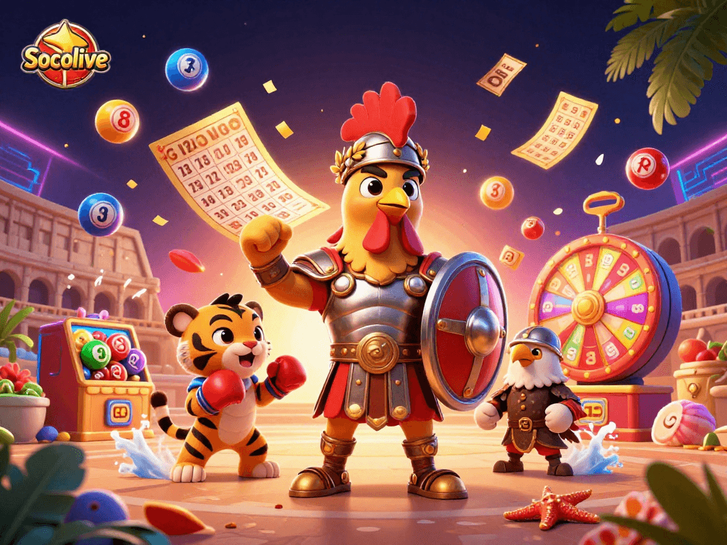 Socolive engages players with vibrant lottery balls and dynamic casino elements in a lively arena scene.
