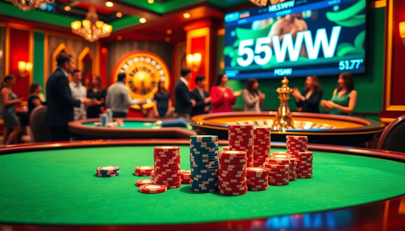 Experience high-stakes excitement at a luxurious casino with 55WW poker and roulette action.