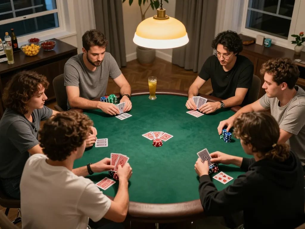 Players engaging in a strategic poker game at home depicting the essence of nhà cái MM88.