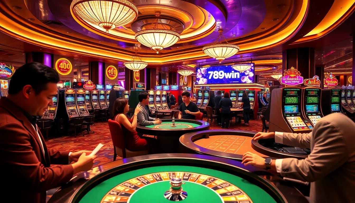 Players enjoying games at 789win casino, showcasing a vibrant atmosphere with slot machines and poker tables.