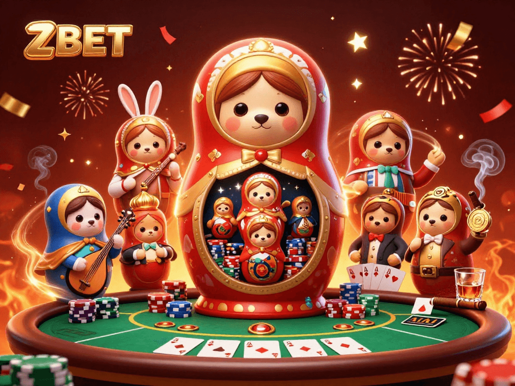ZBET showcases an energetic casino scene with colorful poker elements and dynamic characters in action.