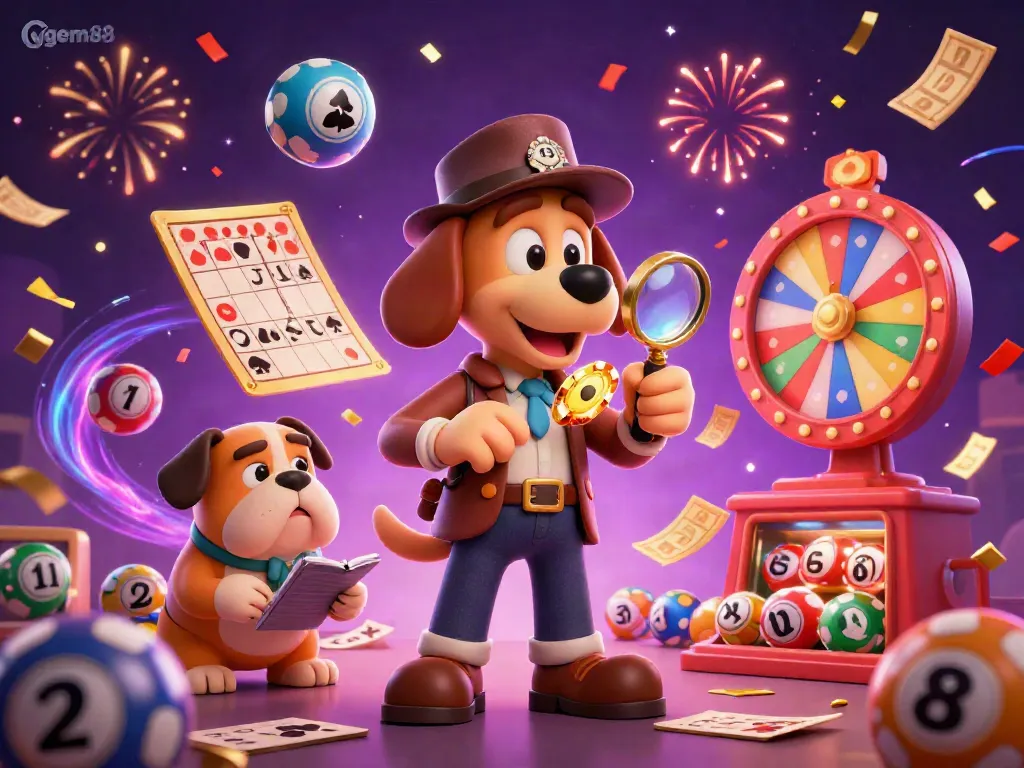 Discover exciting games at gem88 with a cartoon detective exploring colorful gambling elements.