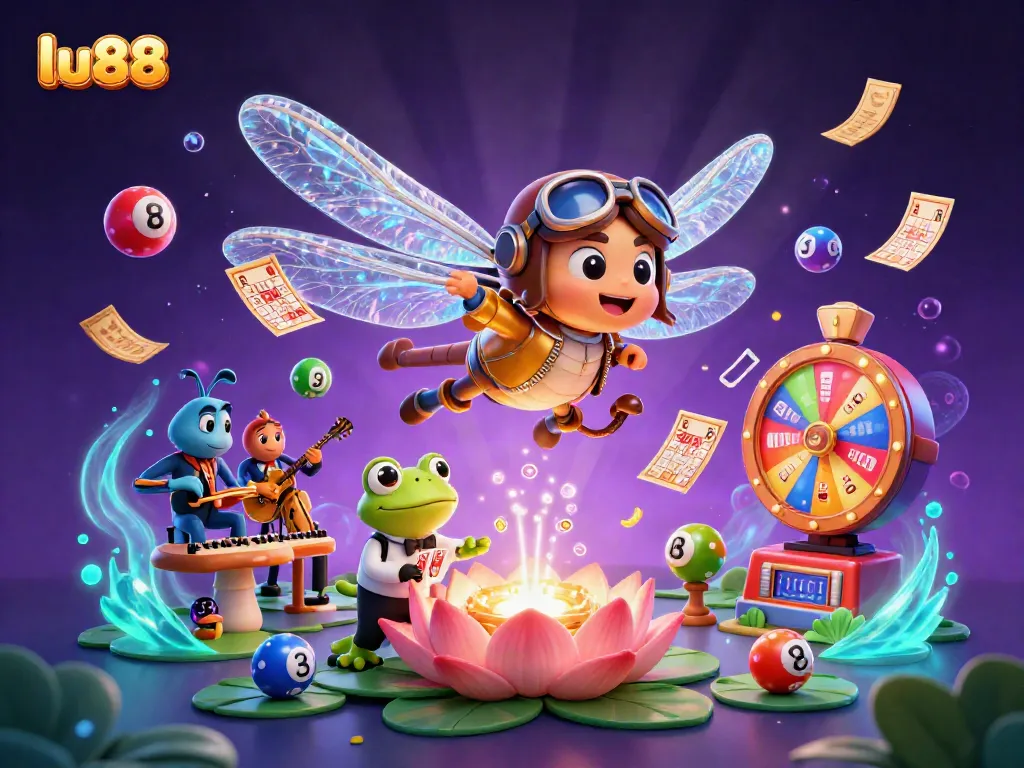 Experience thrilling casino action with LU88's vibrant gaming ecosystem featuring a dragonfly pilot and lively croupiers.