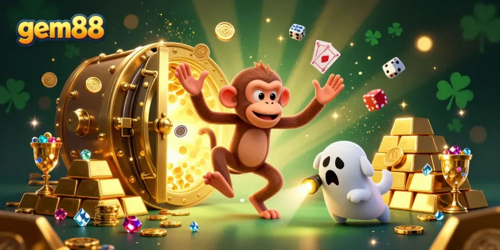 Experience the thrill of gem88 with a playful poltergeist monkey and ghost-hunter puppy in a vibrant casino.