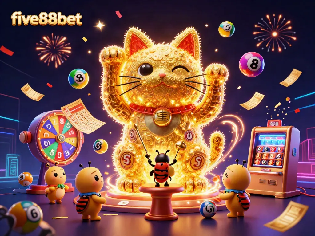 Enjoy the lively atmosphere at five88bet with a whimsical depiction of a lucky cat and colorful lottery elements.