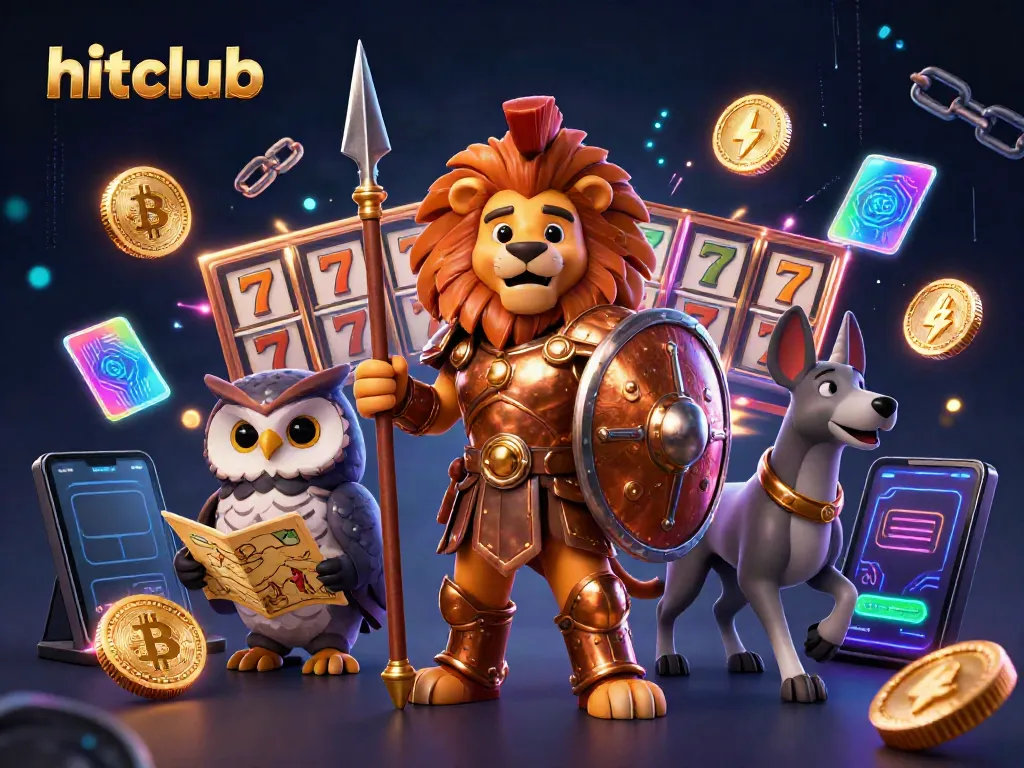 Experience the excitement at hitclub with 3D characters enjoying slot games and crypto elements.