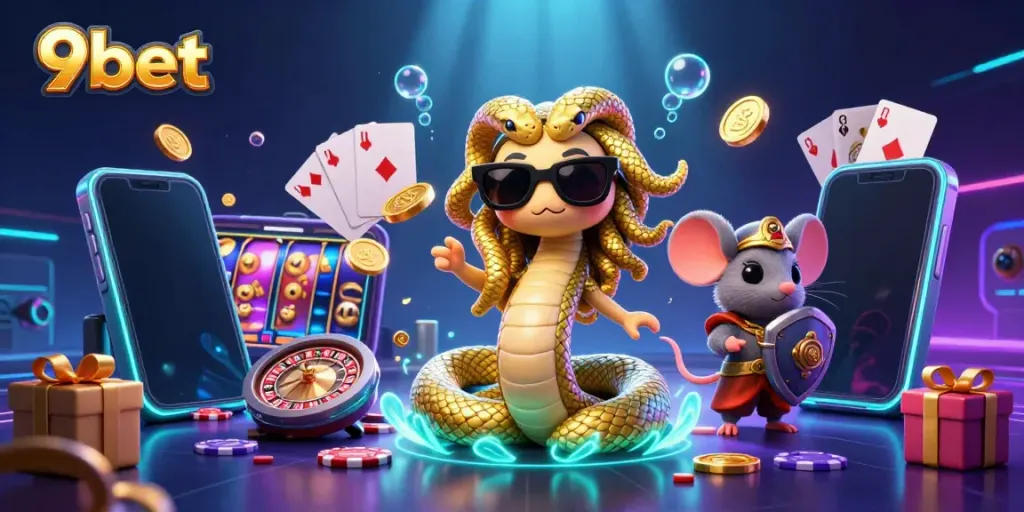 Win big with 9bet while playing exciting casino games surrounded by vibrant characters.