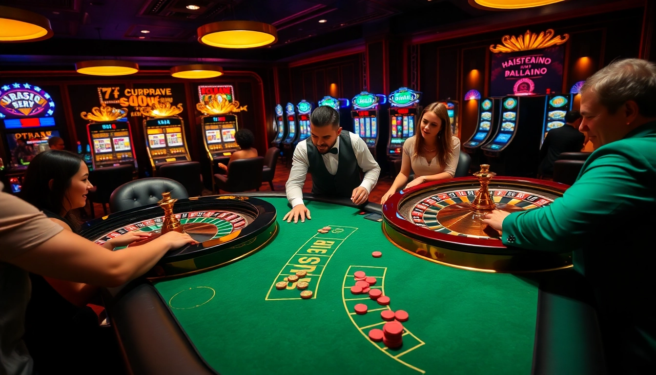Players enjoying their experience at OXBET casino, featuring lively poker action and bright slot machines.