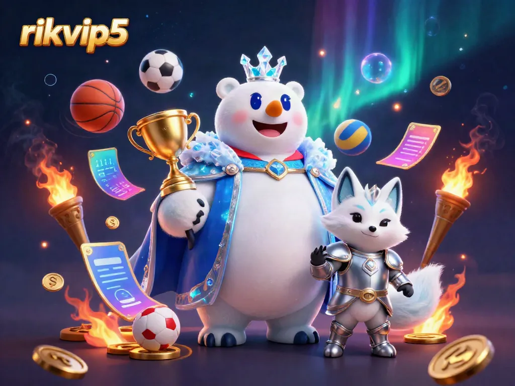 Join the exciting action at rikvip5 with a dynamic scene featuring an ice king polar bear and snow fox in a captivating casino setting.
