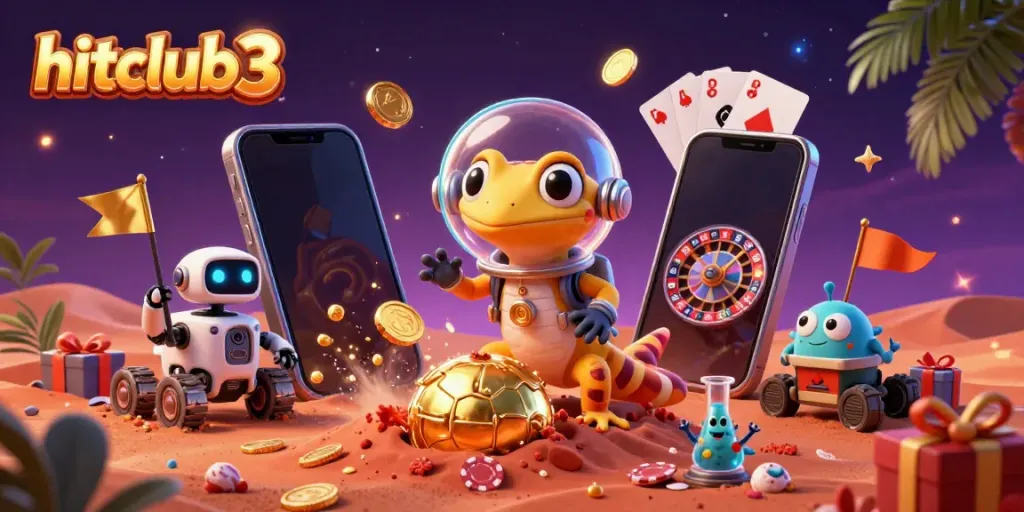 Experience thrilling gameplay at hitclub3 with a Martian gecko uncovering treasures in a vibrant casino.