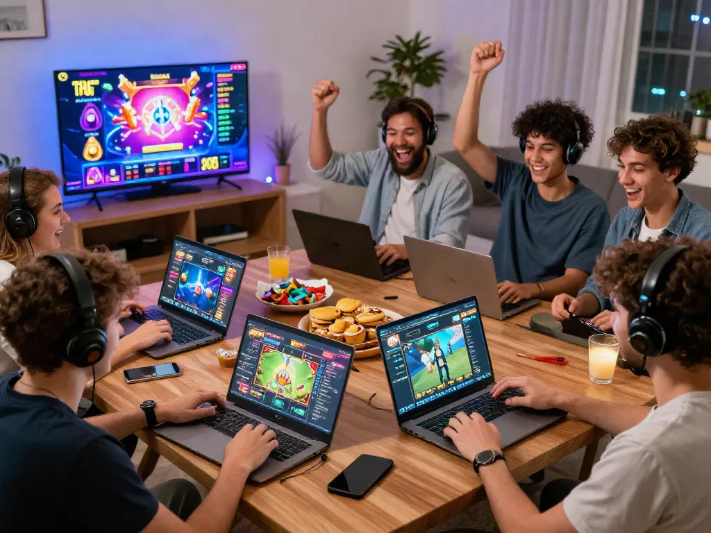 Nhóm người chơi đang tận hưởng trải nghiệm chơi game trực tuyến tại nhà với f168.