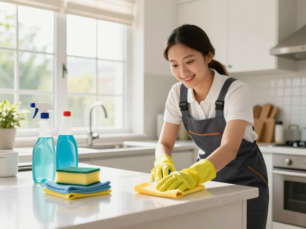 Home cleaning professional at www.pretty-uklid.cz using eco-friendly products to scrub a kitchen countertop, highlighting a clean and inviting environment.