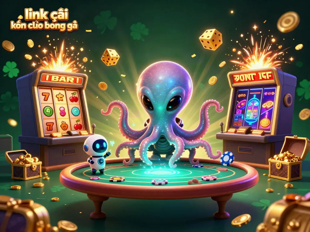 Engage with thrilling gameplay on link vào kết quả bóng đá, showcasing an alien octopus and a robot in a dazzling casino scene