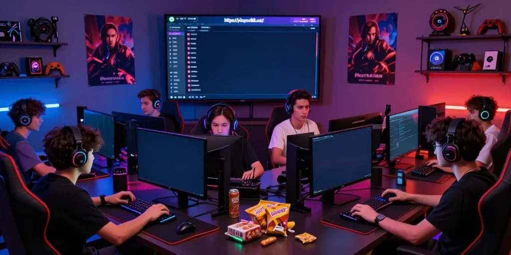 Players immersed in an exciting multiplayer gaming session at https://playsv88.net/ with high-tech gear and vibrant surroundings.